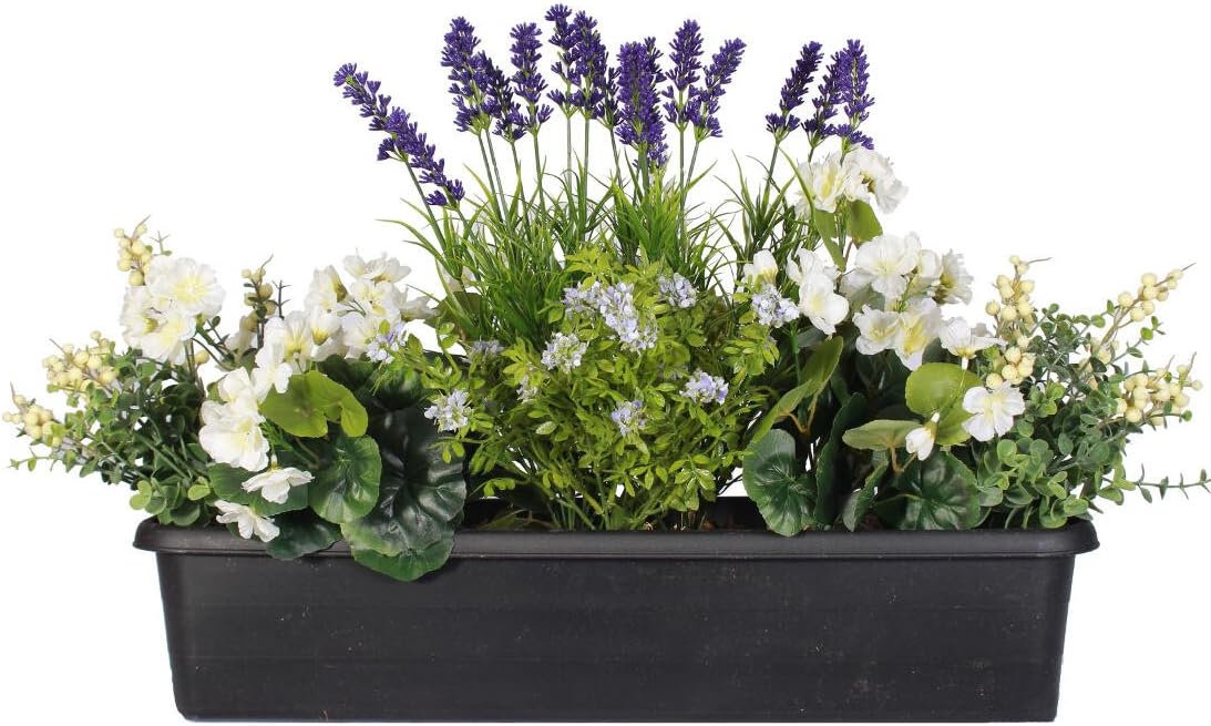 Blooming Artificial - Cream Summer Garden Artificial Window Box Trough Arrangement with Faux Geraniums, Lavender, Berries and Foliage - Outdoor Use - Vibrant, Realistic and Colourful (Cream)