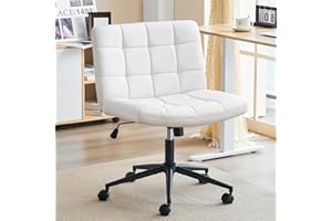 Furnimart Swivel Criss Cross Legged Chair with Wheels for Home Office, Wide Armless Desk Chair Height Adjustable Comfy Seat for Desk,Vanity, Bedroom, PU Ivory White