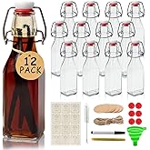 Ruckae Square Swing Top Glass Bottles with Lids Kombucha Coquito Flip Top Glass Bottle for Syrup Vanilla Extract Brew Beer Kefir Air Tight Bottles for Gift (8.5 oz 12 pack)