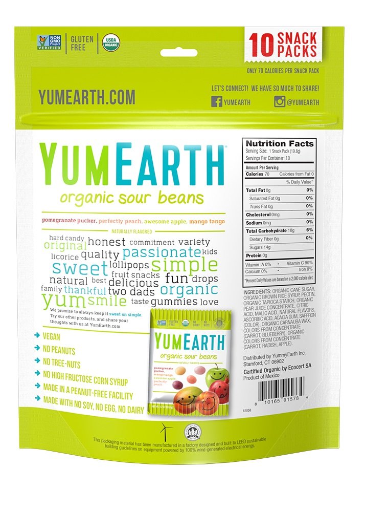 YumEarth Organic Sour Beans, 10 snack packs : Calorie Free Candy : Grocery & Gourmet Food