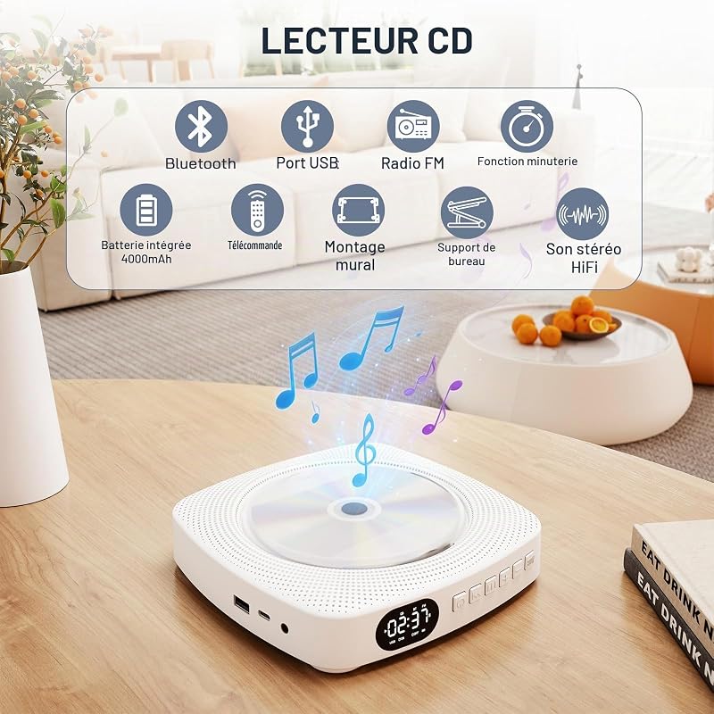 Lecteur CD Portable Bluetooth pour Maison et extérieur, avec Haut-parleurs, Batterie Rechargeable 4000 mAh, Radio FM, Lecture USB, télécommande, Fixation Murale et Support de Bureau