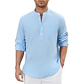 Enlision Mens Cotton Linen Henley Shirts Long Sleeve Casual Shirt Summer Beach Hippie T-Shirt Band Collar Shirt & Pocket