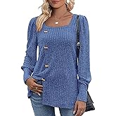 MYCOLORBLUE Womens Fall Tops Soft Square Neck Long Lantern Sleeve Deco Buttons Side Slit Sweater Tunic Shirt
