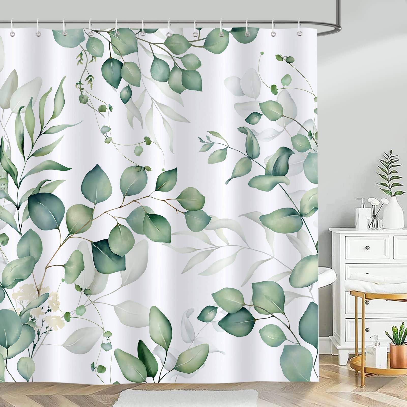 Product Details: Material: Polyester Fabric Size: 180 x 180 cm Pattern: Eucalyptus Leaves What’s Included: One Shower Curtain and 12 Plastic Hooks Product Features: Design: The eucalyptus leaves shower curtain pattern is vivid and durable, giving your bathroom a fresh look, bright visual effects help you relax your body and heart. Easy to Install: Each shower curtains come with included plastic hooks for the affixing of the shower curtain to the rod. Function: Environmental-friendly, waterproof, machine washable, no odor, durable, protect your privacy always. Decoration and Gift: Perfect bathroom decor, and a great choice for a gift to anyone you want on any special day, such as Birthday, Valentine's Day, Wedding, Anniversary, Thanksgiving, Christmas, Mother's Day, Father's Day, etc. Note: Care Instructions: machine washable in cold water, low tumble dry, do not bleach. Ironing on low temperature. Please be reminded that due to lighting effects and monitor's brightness/contrast settings etc., the color tone of the website's photo and the actual item could be slightly different. — image 1