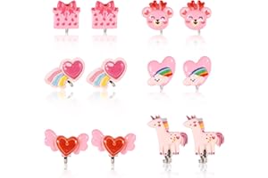 6 Pairs Clip On Earrings for Girls, Colorful Heart Rainbow Unicorn Clip On Earrings with Non-Pierced Design Cute Jewelry Acce