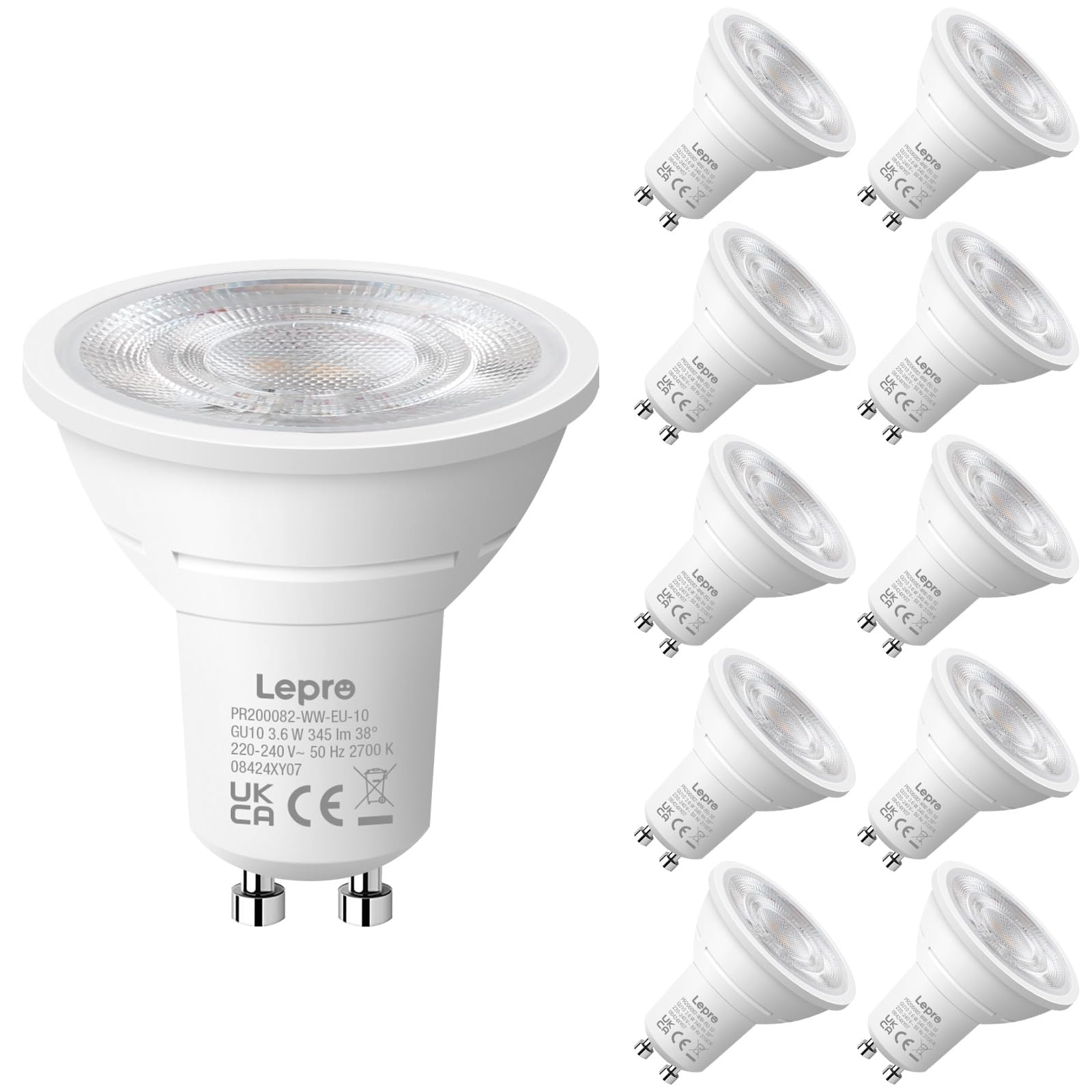 Lepro GU10 LED Bulbs, Warm White 2700K, 3.6W 345lm Energy Saving Light Bulbs, 50W GU10 Halogen Spotlight Bulbs Equivalent, 38° Narrow Beam, No Flickering, Non-dimmable, Pack of 10
