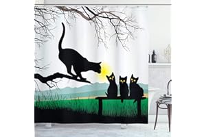 Ambesonne Cat Shower Curtain, Mother Cat on Tree Branch and Kittens in Park Best Friends I Love My Kitty Graphic, Cloth Fabric Bathroom Decor Set with Hooks, 69" W x 70" L, Soft Blue Black Jade Green