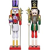 KI Store Double Sided Wooden Christmas Nutcracker Soldier Figure with Halloween Clown Figurine 15-Inch for Xmas Holiday Halloween Decorations Display