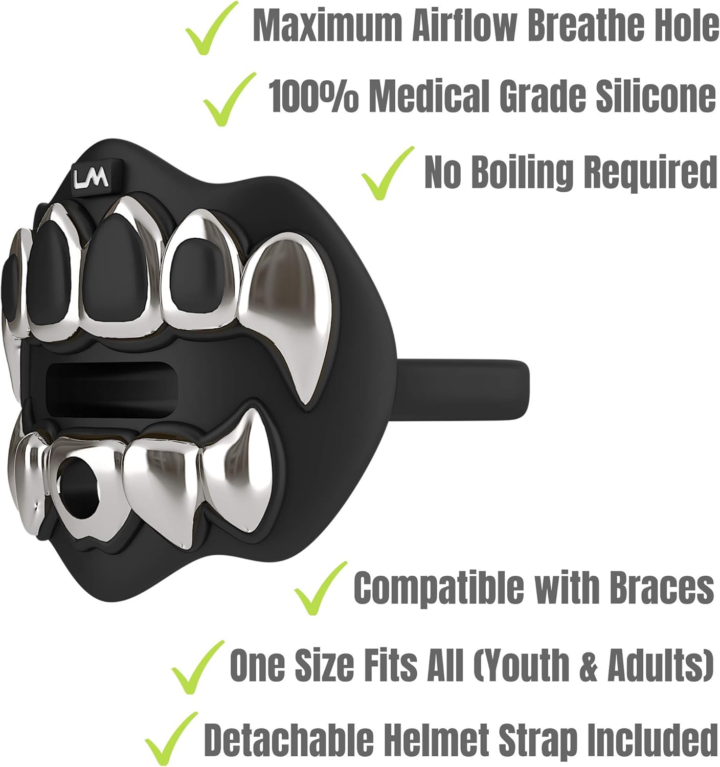 Loudmouth Football Mouth Guard | 3D Chrome Grillz Adult & Youth Mouth Guard | Mouth Piece for Sports | Maximum Air Flow Mouth Guards | Lip and Teeth Protector (3D Grillz - Chrome Black/Silver) : Sports & Outdoors