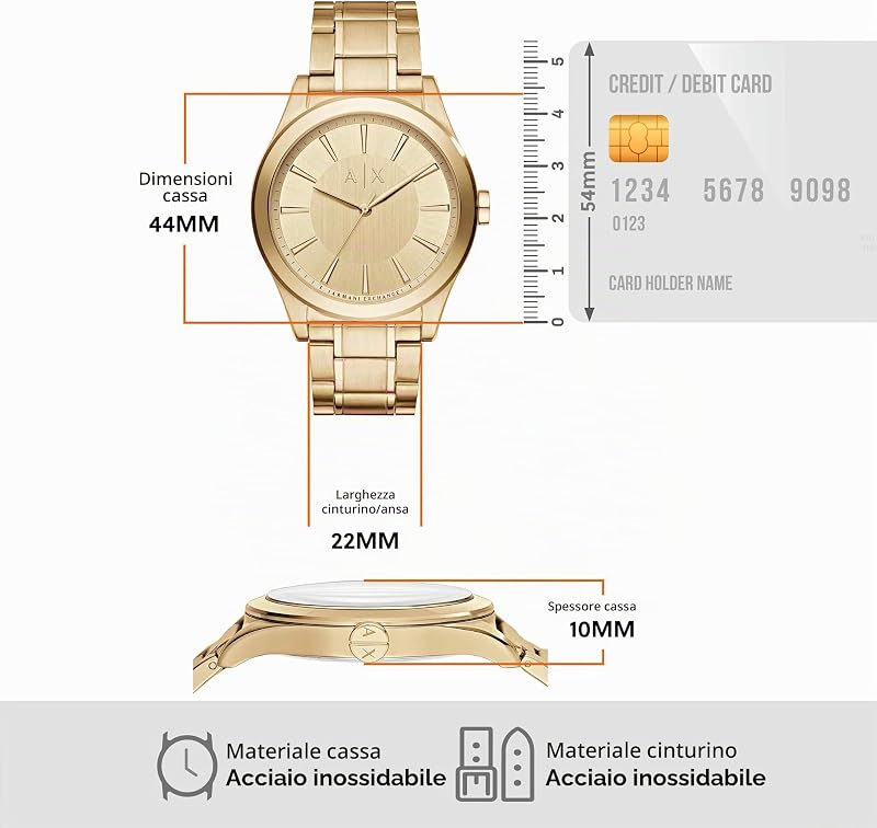 Orologio per uomo, Movimento al quarzo a tre lancette e cassa da 44 mm con cinturino in acciaio, Oro chiaro