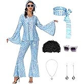 70s Disco Costume for Women - 1970s Disco Outfit with Wig, Earrings, glasses, Necklace, Headband, Sequin Top & Bell Bottoms