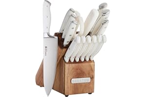 Sabatier 15-Piece Forged Triple Rivet Knife Block Set, High-Carbon Stainless Steel Kitchen Knives, Razor-Sharp Knife set with Acacia Wood Block, White Handles