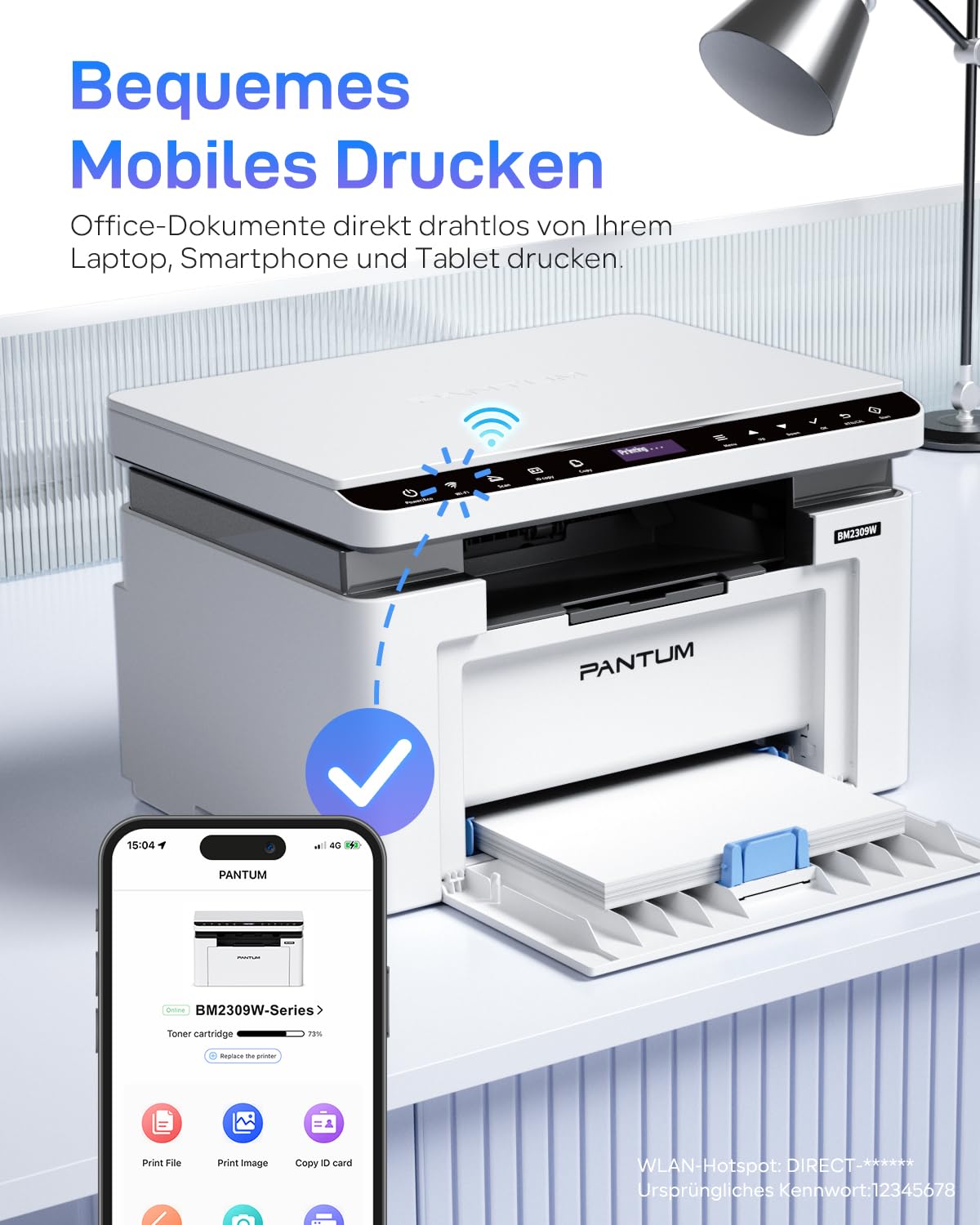 PANTUM BM2309W laserdrucker Multifunktionsgerät, Drucker Scanner Kopierer 3in1, Schwarz Weiss, WLAN Drucker, Airprint, A4, 1200 x 600 DPI, 20 Seiten pro Minute 2