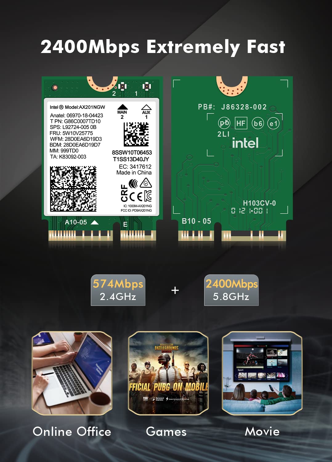 WiFi 6 Wireless Card Intel AX201 NGW. Only Support CNVio2 Protocol and Intel 10/11/12/13th Generation CPU, Bluetooth 5.2, 2400Mbps, Network Adapter for Laptop Support Windows 10/11 (64bit),Linux.