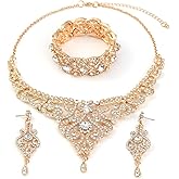 Hapibuy Crystal Wedding Jewelry Set Necklace Earring Set For Women and Brides Rose Gold and Silver Bridal Statement Jewelry sets