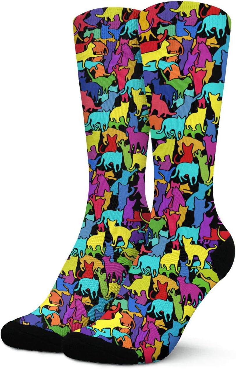 Socks with Cats, Womens Cat Colorful Fancy Novelty Socks, Combed Cotton Fun Dress Sock, Funny Cozy Athletic Crew Socks, Cat Lovers gifts for women