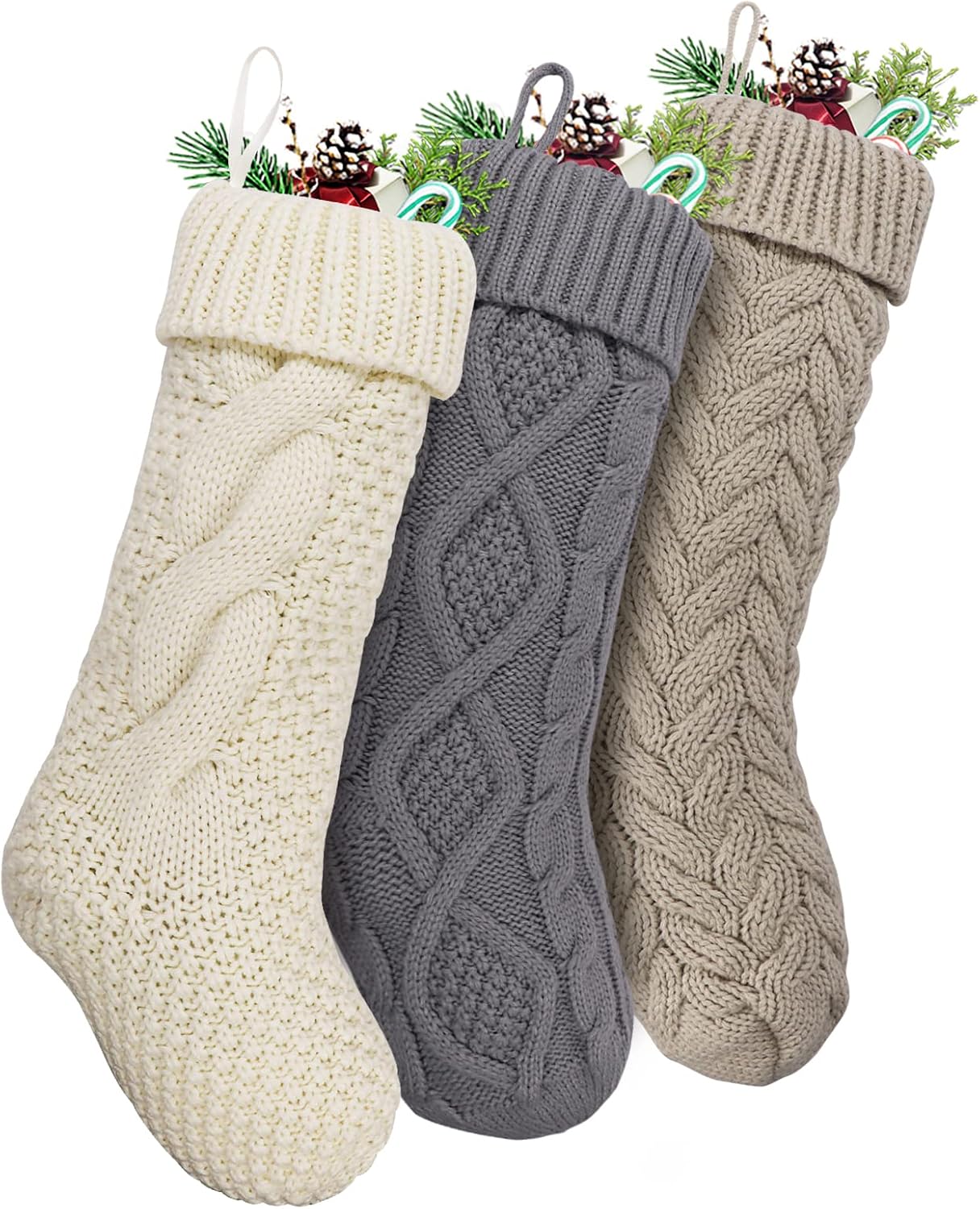 Stockings & Holders - LimBridge Christmas Stockings, 3 Pack 19 inches Large Size Cable Knit Knitted Xmas Rustic Personalized Stocking Decorations for Family Holiday Season Decor, Cream