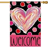 AVOIN colorlife Valentines Day Love Heart House Flag 28x40 Inch Double Sided Outside, Polka Dots Anniversary Welcome Yard Outdoor Flag