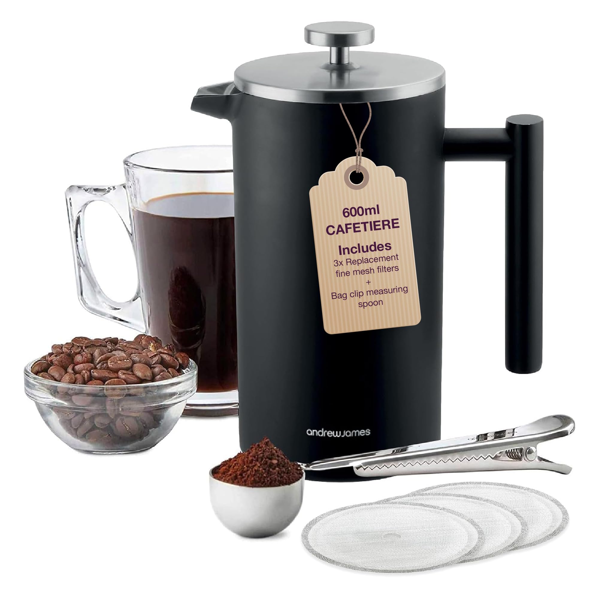 Andrew James Double Walled Stainless Steel Cafetiere Gift Set with 3 Mesh Filters, Coffee Measuring Spoon and Bag Sealing Clip, Delicious French Press Coffee, Easy to Clean (600ml, Black)
