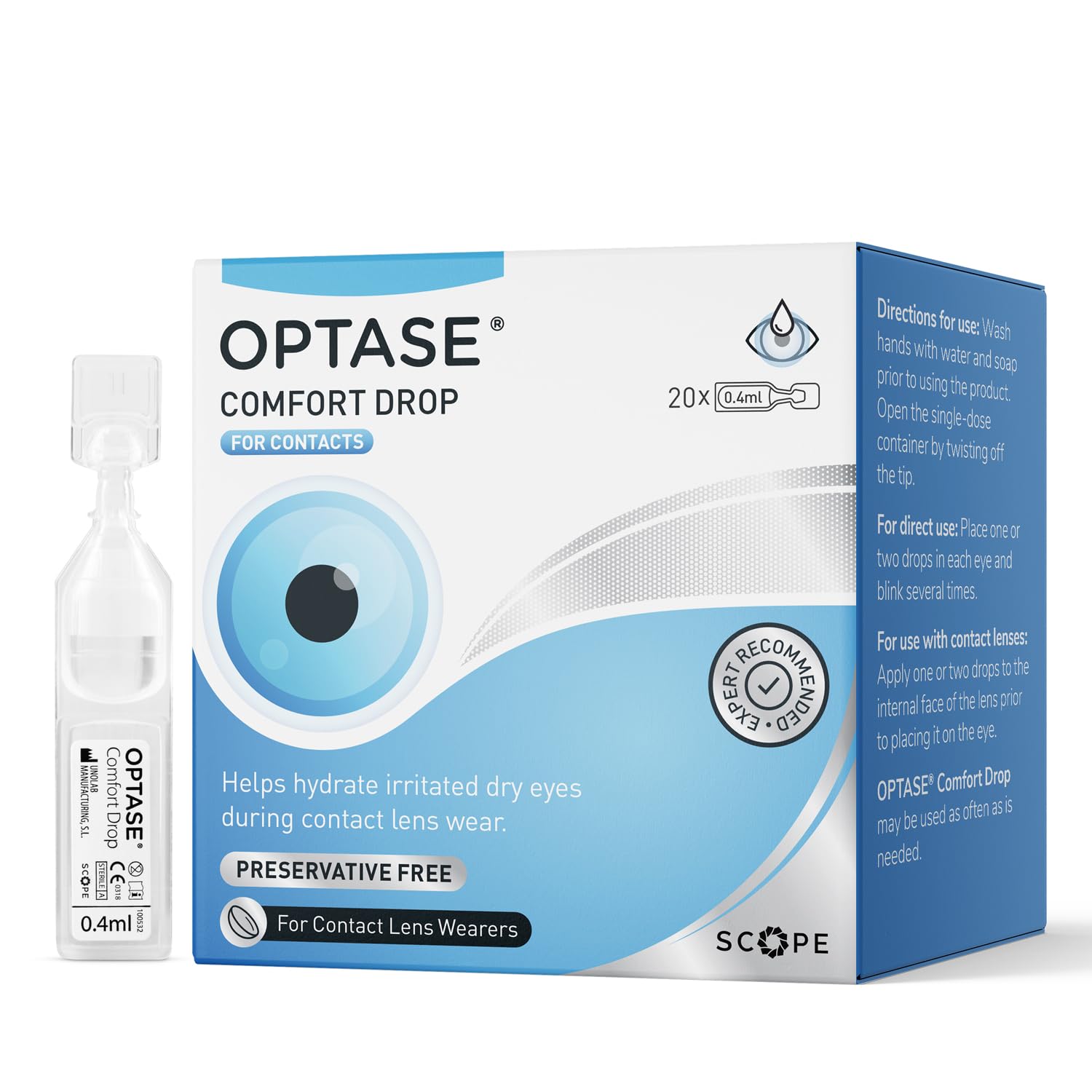 Optase Comfort Drop - Eye Drops to Help Hydrate Irritated and Dry Eyes During Contact Lens Wear - Preservative Free - 20 x 0.4ml Doses