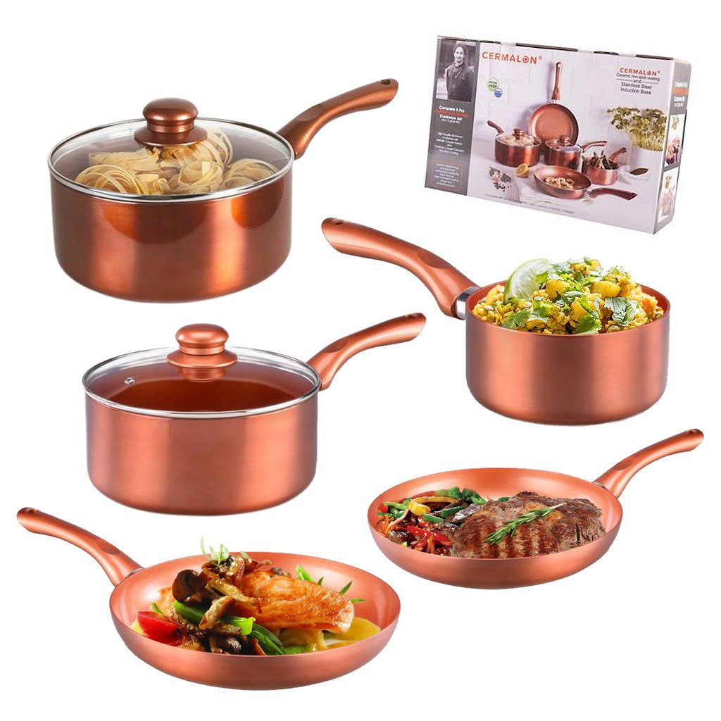 5 Piece Copper Pan Set Non Stick Aluminium Hob Ceramic Stainless Steel