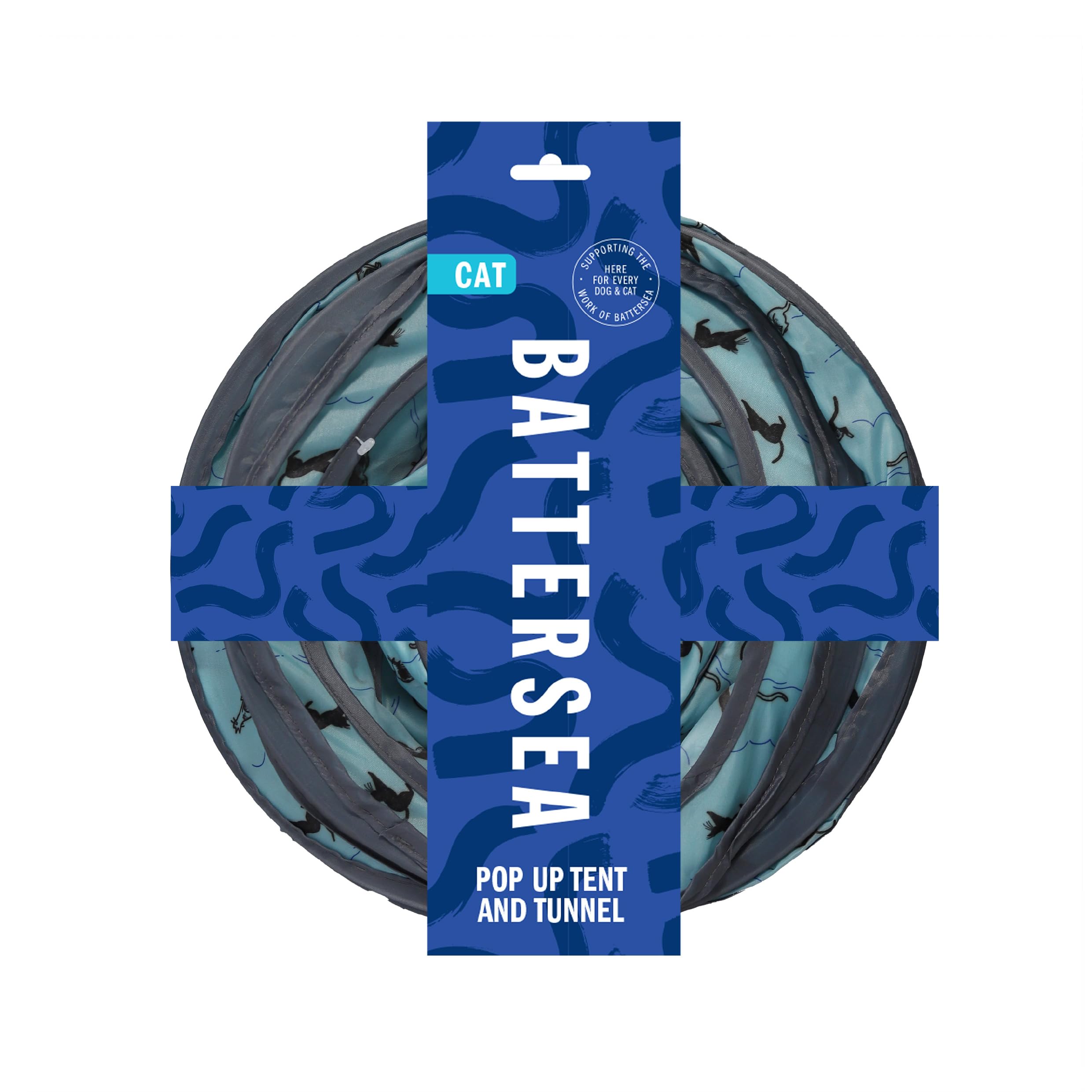 Rosewood Battersea Pop Up Tent and Tunnel for Cats, 2PC Foldaway Cat Toy, Fun Tent Hideaway with Plush Cat Ball Toy and Tunnel in Battersea Print, Blue