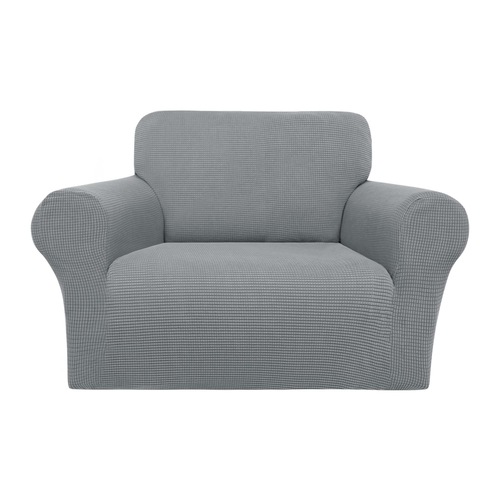 PiccoCasa Stretch Sofa Slipcover, 1-Piece Couch Seat Cover for Sofa Living Room - Spandex Jacquard Checks Sofa Covers, Washable Couch Furniture Cover for Dogs Light Grey 1 Seater