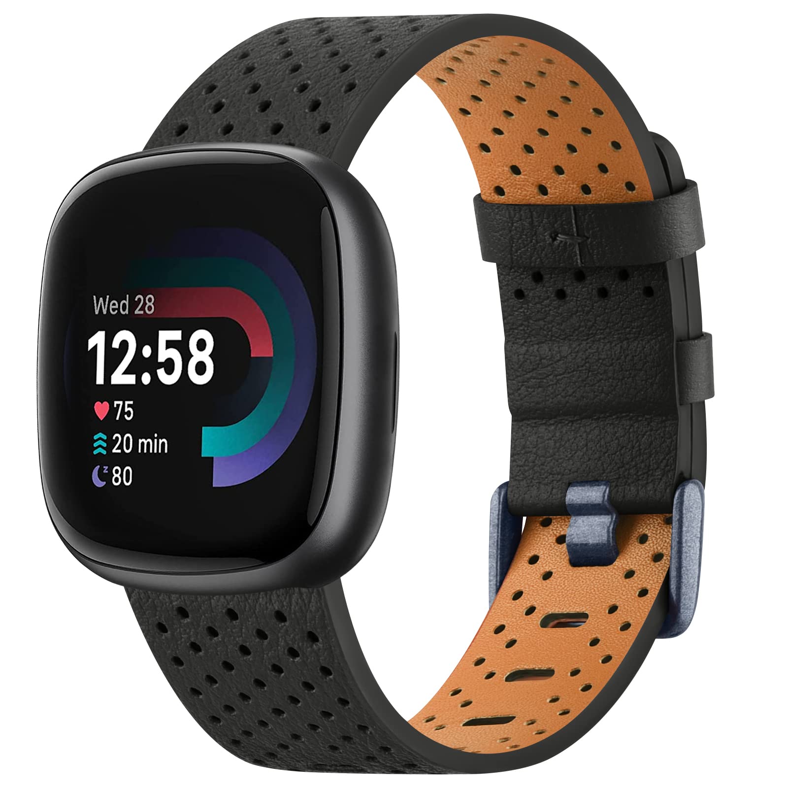 Tobfit for Fitbit Versa 3 / Versa 4 Strap/Sense 2 Strap Leather, Genuine Leather Replacement Straps for Women Men (Black,Large)