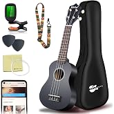 Everjoys Soprano Ukulele Beginner Kit 21 Inch w/Free Online Lesson Gig Bag Tuner Picks Strap, Fast to Learn (Black)