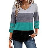 Zeagoo 3/4 Length Sleeve Womens Tops V Neck Dressy Casual Blouses Trendy Eyelet T Shirts Work Clothes S-XXL