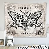 Homewelle Skull Moth Tapestry Gothic Wall Art 59Wx51H Inch Vintage Butterfly Skeleton Floral Moon Phase Witchy Crescent Astrology Mystic Black Beige Wall Hanging Bedroom Living Room Dorm Decor Fabric