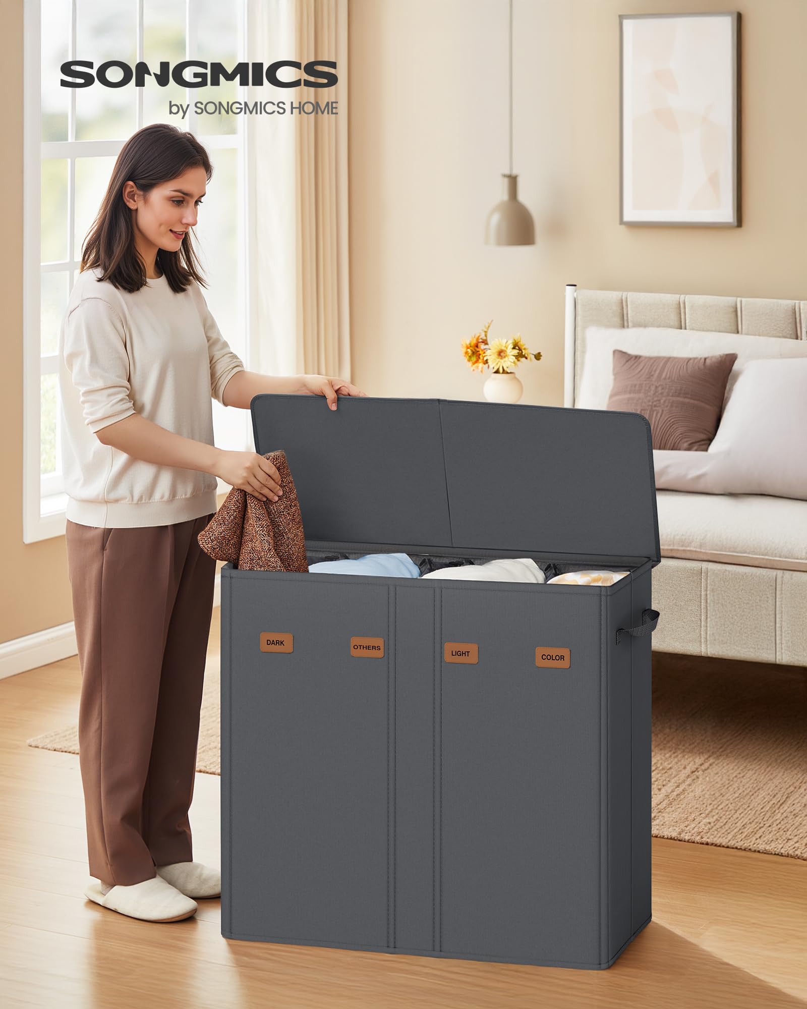 SONGMICS Wäschekorb mit 4 Fächern, 210 L, mit Deckel, 5 Etiketten, herausnehmbarer und waschbarer Innensack, Waschküche Schlafzimmer, dunkelgrau RLH014G01 2