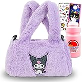 Kuromi Purse Set for Kids - Bundle of Cute Sanrio Luggage Carry On Suitcase Bag, Water Bottle, Stickers, More | Sanrio Kuromi Travel Luggage Set