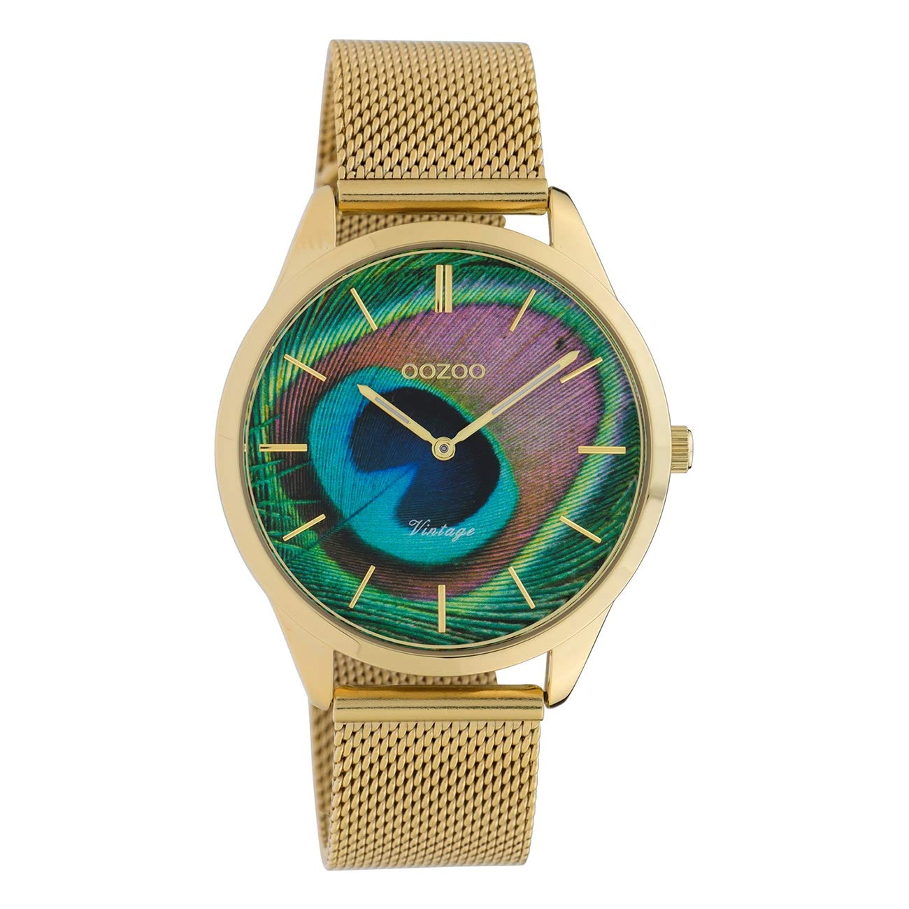 Oozoo Vintage Women's Watch with Stainless Steel Milanese Strap Peacock Dial 43 mm, gold-coloured, Bracelet