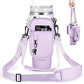 BULKITEM Water Bottle Carrier Bag with Phone Pocket for Stanley 40 & 30 oz Tumbler with Handle,Pink Insulated Neoprene Cup Holder Pouch w/Adjustable Strap for Quencher H2.0 Stanley Cup Accessories