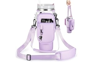 BULKITEM Water Bottle Carrier Bag with Phone Pocket for Stanley 40 & 30 oz Tumbler with Handle,Pink Insulated Neoprene Cup Holder Pouch w/Adjustable Strap for Quencher H2.0 Stanley Cup Accessories