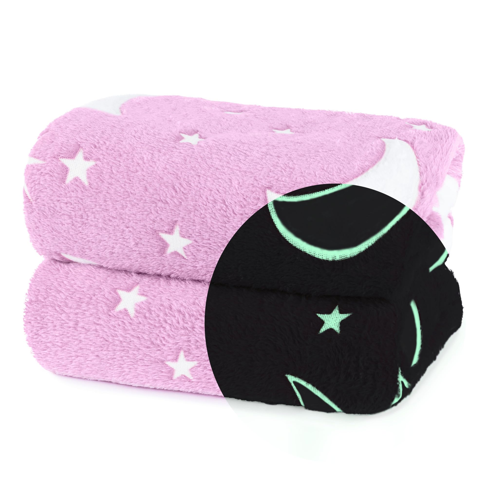 WICKED GIZMOS Glow in the Dark Blanket – Soft Fluffy Fleece Blanket for Kids, Cosy & Snuggly Flannel Throw, for Girls or Boys – Moon & Stars Pink, 127 x 152 cm