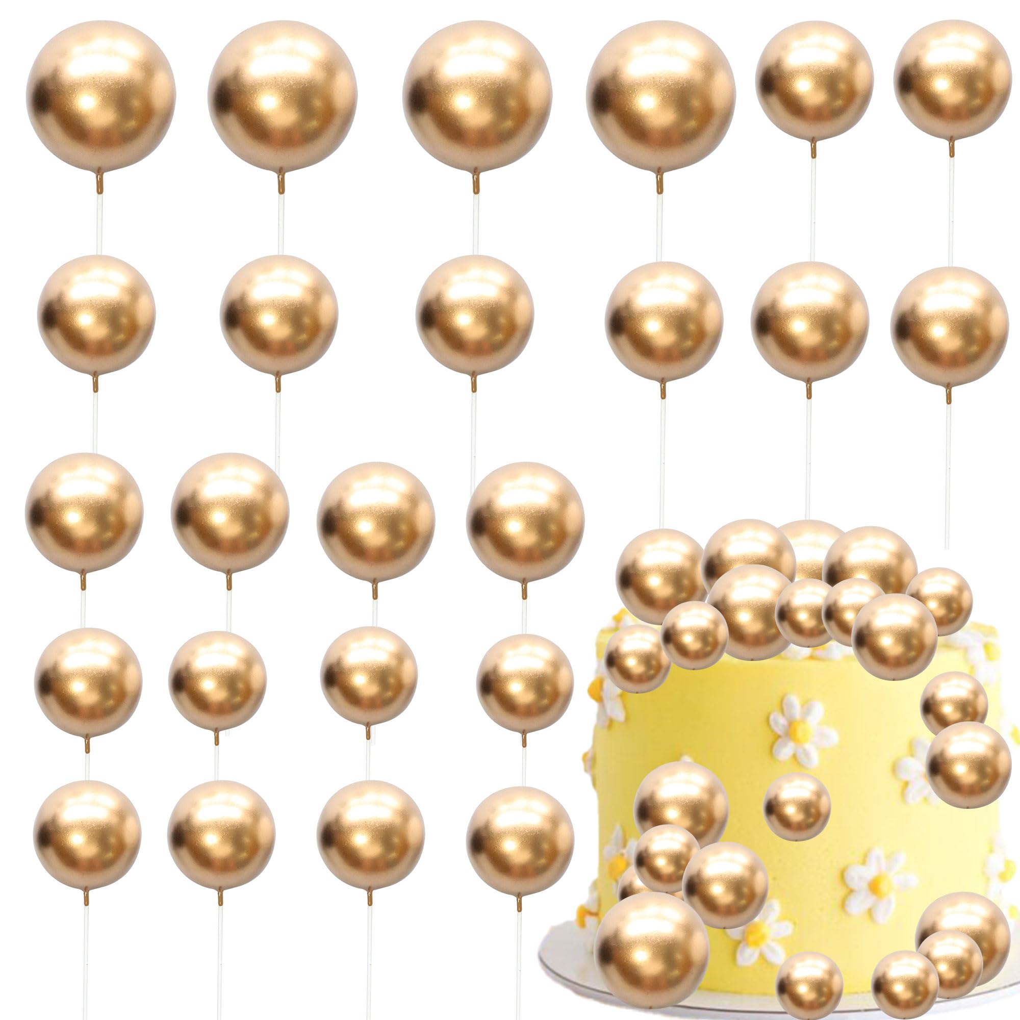 Gyufise 30Pcs Mini Balloon Cake Topper Foam Ball Cake Picks Cupcake Faux Pearl Balls DIY Cake Insert Topper Decoration for Anniversary Graduation Birthday Party Baby Shower Gold