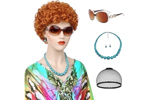 G&T Wig Red Orange Curly Wig for Mrs Roper Costume Landlady Annie Heat Resistant Ginger Wig For Women Cospaly Halloween Party (Wig + Glasses + Turquoise Necklace + Turquoise Earrings + Wig Cap)