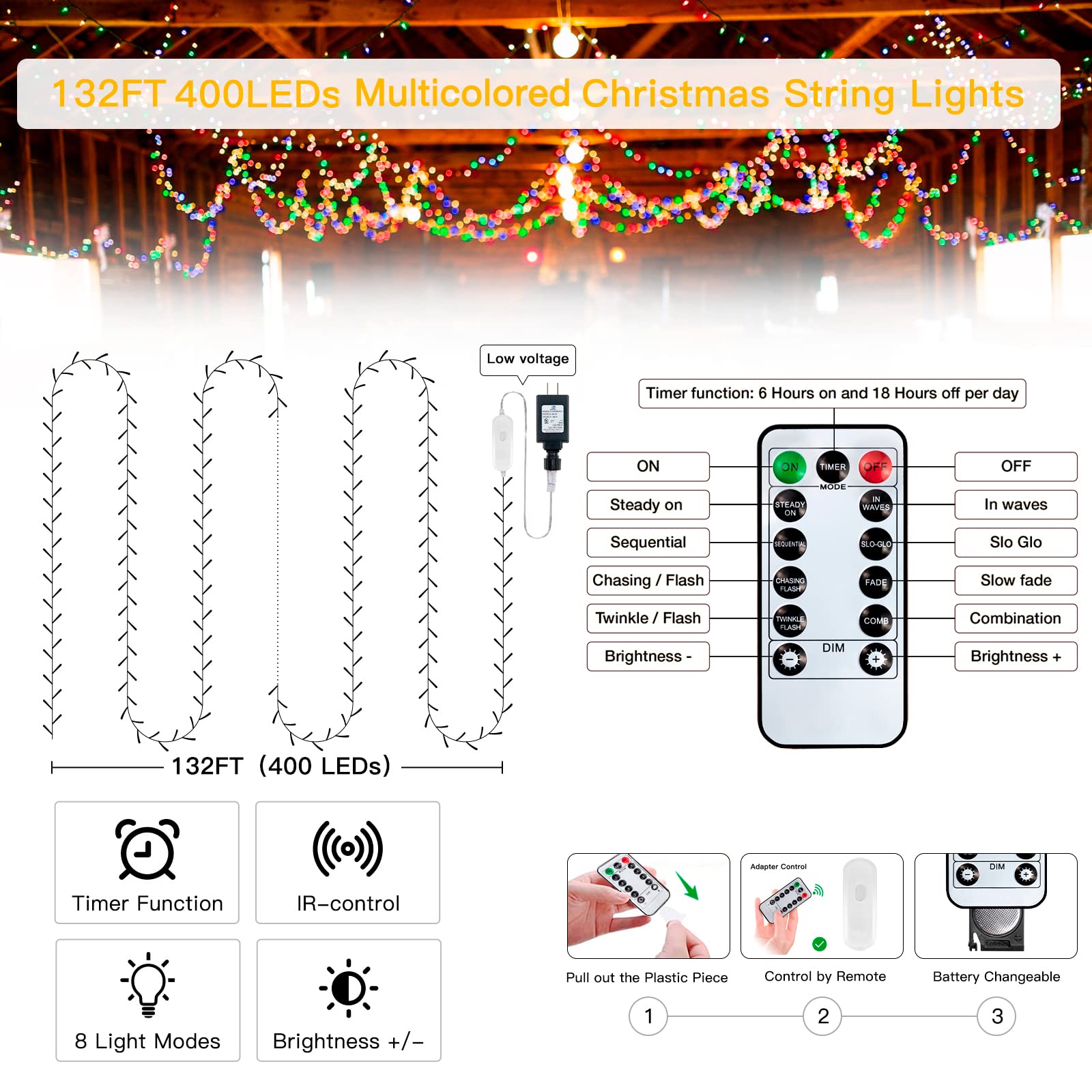 Ollny Christmas Lights 400LED 132FT, Plug-in