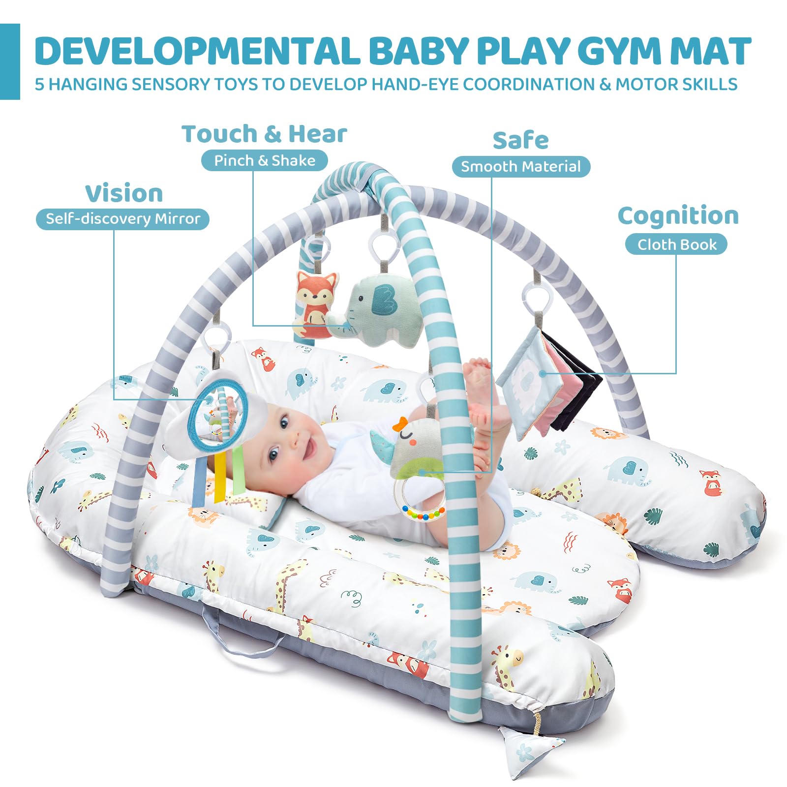 Baby Play Mat, 7-in-1 Tummy Time Activity Gym Mat, Washable Baby Lounger Nest, Portable Floor Seat for Home & Travel, Baby Essentials Gift for Infant Newborn 0-6-12-18 Months