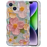 EYZUTAK Case for iPhone 15, Colorful Retro Oil Painting Print Flower, Green | Laser Glossy Floral Pattern, Cute Curly Wave Edge, Exquisite Phone Cover, Stylish Durable TPU Protective Case for Girl Women