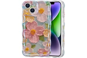 EYZUTAK Case for iPhone 13, Colorful Retro Oil Painting Printed Flower Laser Beam Glossy Pattern Cute Curly Waves Border Exquisite Phone Cover Stylish Durable TPU Protective Case for Girls Women-Green
