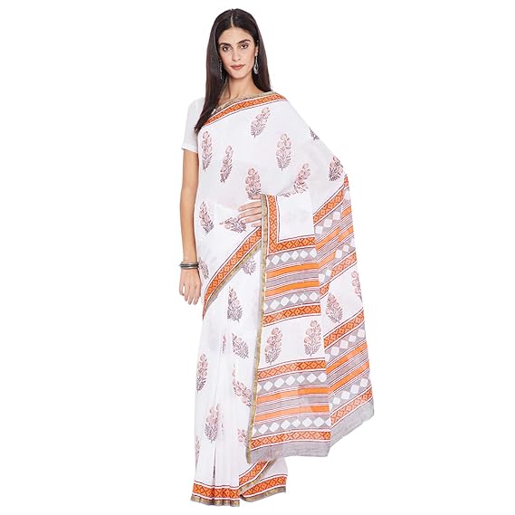 Finest Quality Cotton - Handblock printed Orange and White - Mughal motifs Saree with Blouse Piece BHKPSA0024