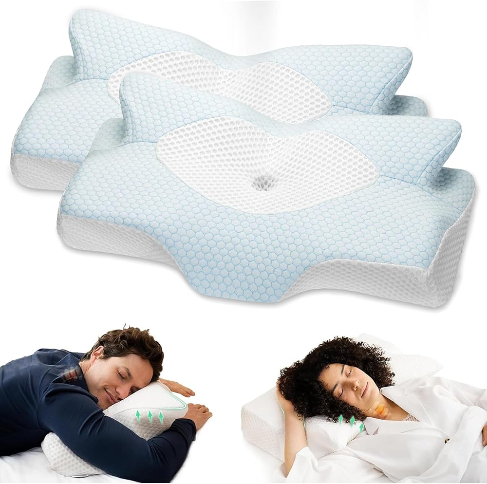 Elviros 2 Pack Cervical Memory Foam Pillow for Neck Pain Blue 2 Heights