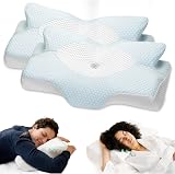Elviros 2 Pack Cervical Memory Foam Pillow for Neck Pain Blue 2 Heights