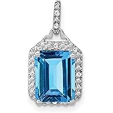10k White Gold Emerald Cut Blue Topaz Pendant Necklace for Women with Halo Design, Accent Stones, Elegant Fine Jewelry for Everyday Wear, December Birthstone, Formal or Anniversary Necklace