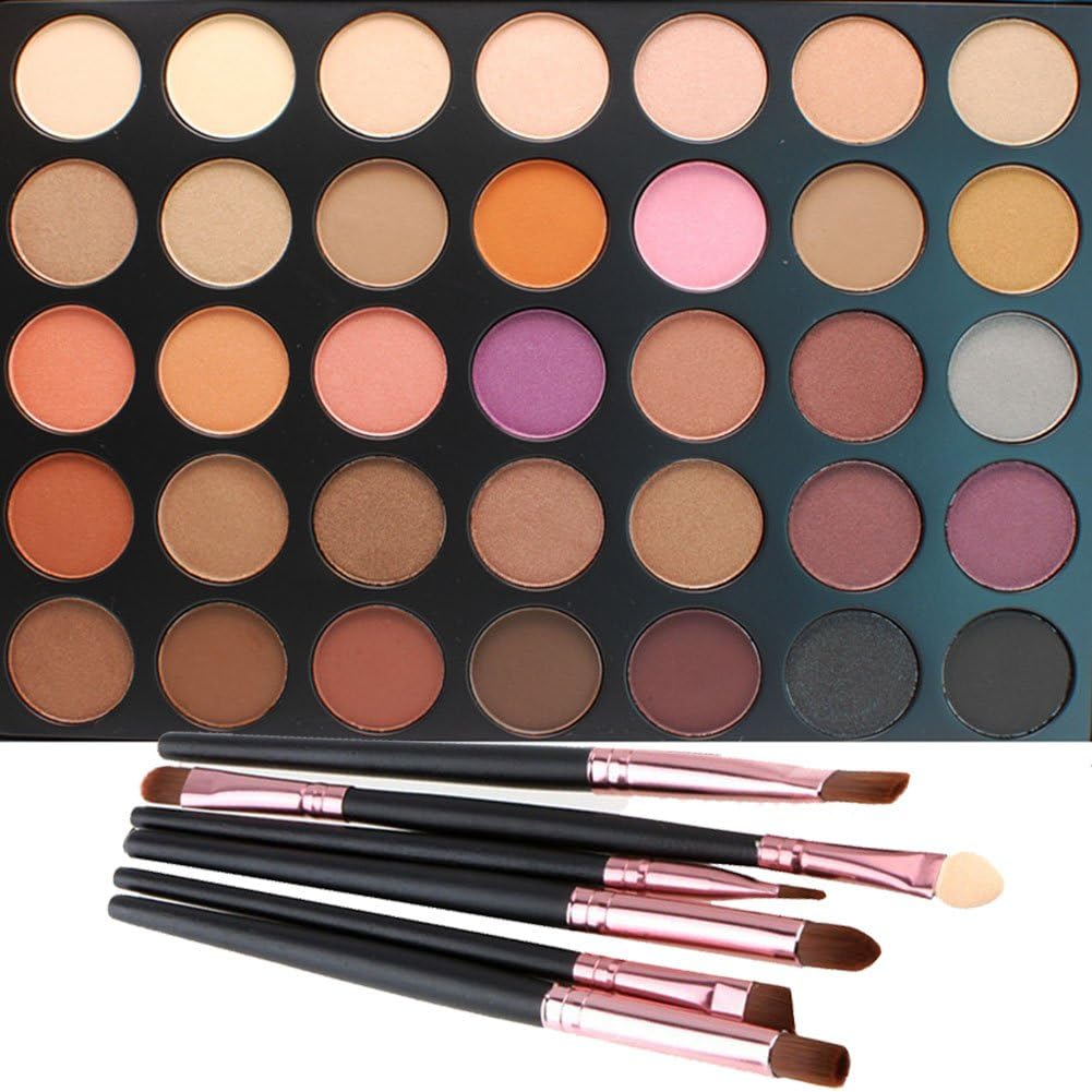 35 Color Eyeshadow Palette with 6 PCS Eye Brushes, Vodisa Makeup Matte and Shimmer Eye Shadows Smoky Warm Color Glitter Kit Make Up Brush Set Waterproof Beauty Cosmetics High Pigment Powder Pallet 35W