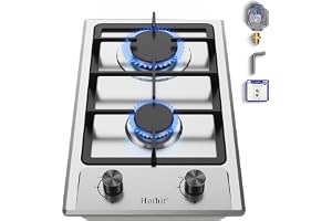 Hothit 2 Burner 12 inch Gas Cooktop, LPG/NG Dual Fuel Built-in Electronic Ignition Propane Stove Top with Pressure Regulator, Stainless Steel Gas Hob for Kitchen, Apartment, Outdoor(AHT12IN10S)