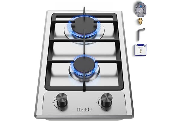 Hothit 2 Burner 12 inch Gas Cooktop, LPG/NG Dual Fuel Built-in Electronic Ignition Propane Stove Top with Pressure Regulator, Stainless Steel Gas Hob for Kitchen, Apartment, Outdoor(AHT12IN10S)